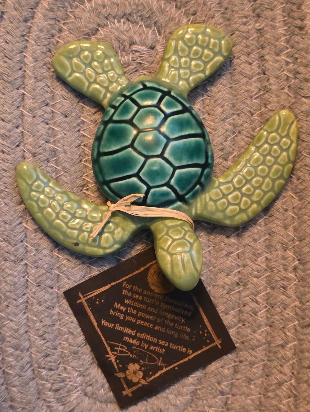 Ben Diller Signed Studio Pottery Sea Turtle Figurine 4" Green Ceramic